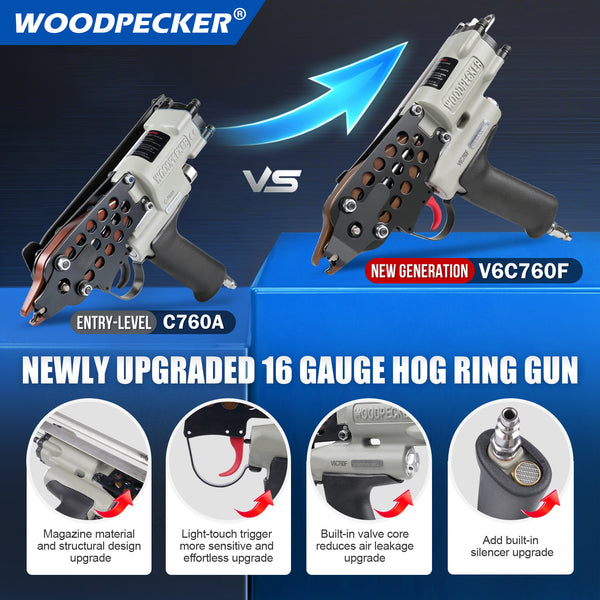 WOODPECKER V6C760F Pneumatic Hog Ring Gun, 1/2-Inch Crown, 3.0mm Closure Diameter