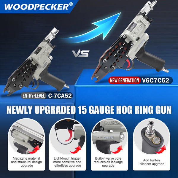 WOODPECKER V6C7CF52 15 Gauge 3/4-Inch Pneumatic Hog Ring Gun 5.2-5.8mm Closure Diameter with Stainless Steel Magazine