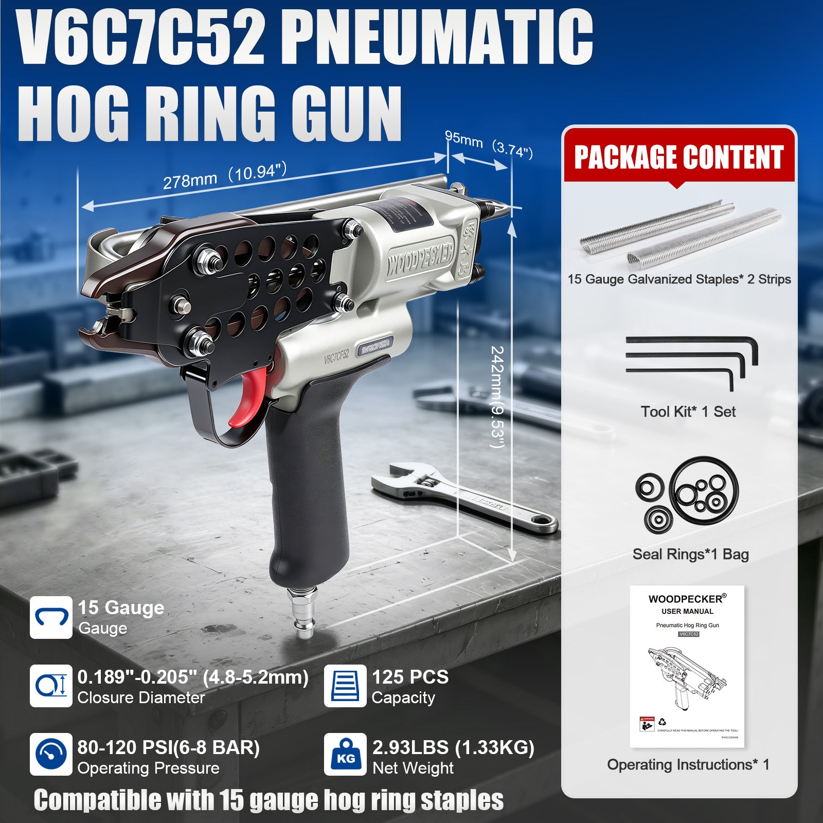 WOODPECKER V6C7CF52 15 Gauge 3/4-Inch Pneumatic Hog Ring Gun 5.2-5.8mm Closure Diameter with Stainless Steel Magazine