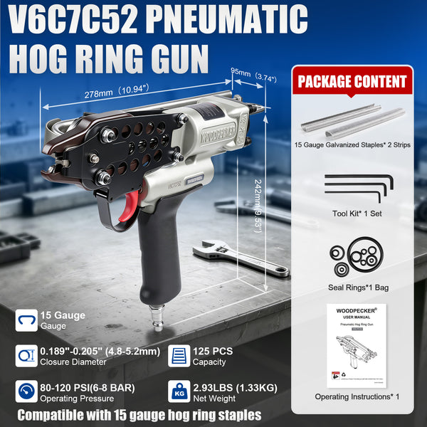 WOODPECKER V6C7CF52 3/4-Inch Pneumatic Hog Ring Gun 15 Gauge 0.205"-0.228" Closure Diameter with Stainless Steel Magazine,