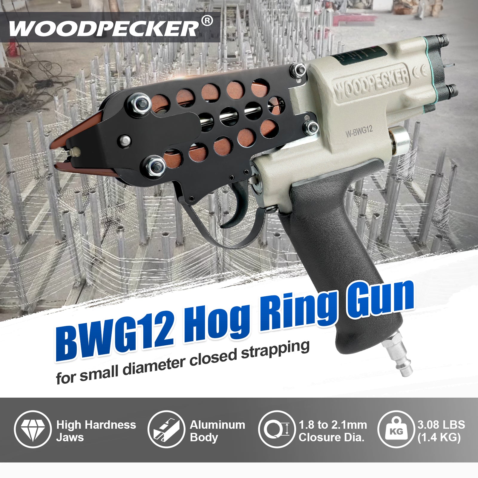 WOODPECKER BWG12 Pneumatic Hog Ring Plier 1.8 mm to 2.1 mm Closure Diameter Hog Ring Gun for Strapping, Fencing, Cages