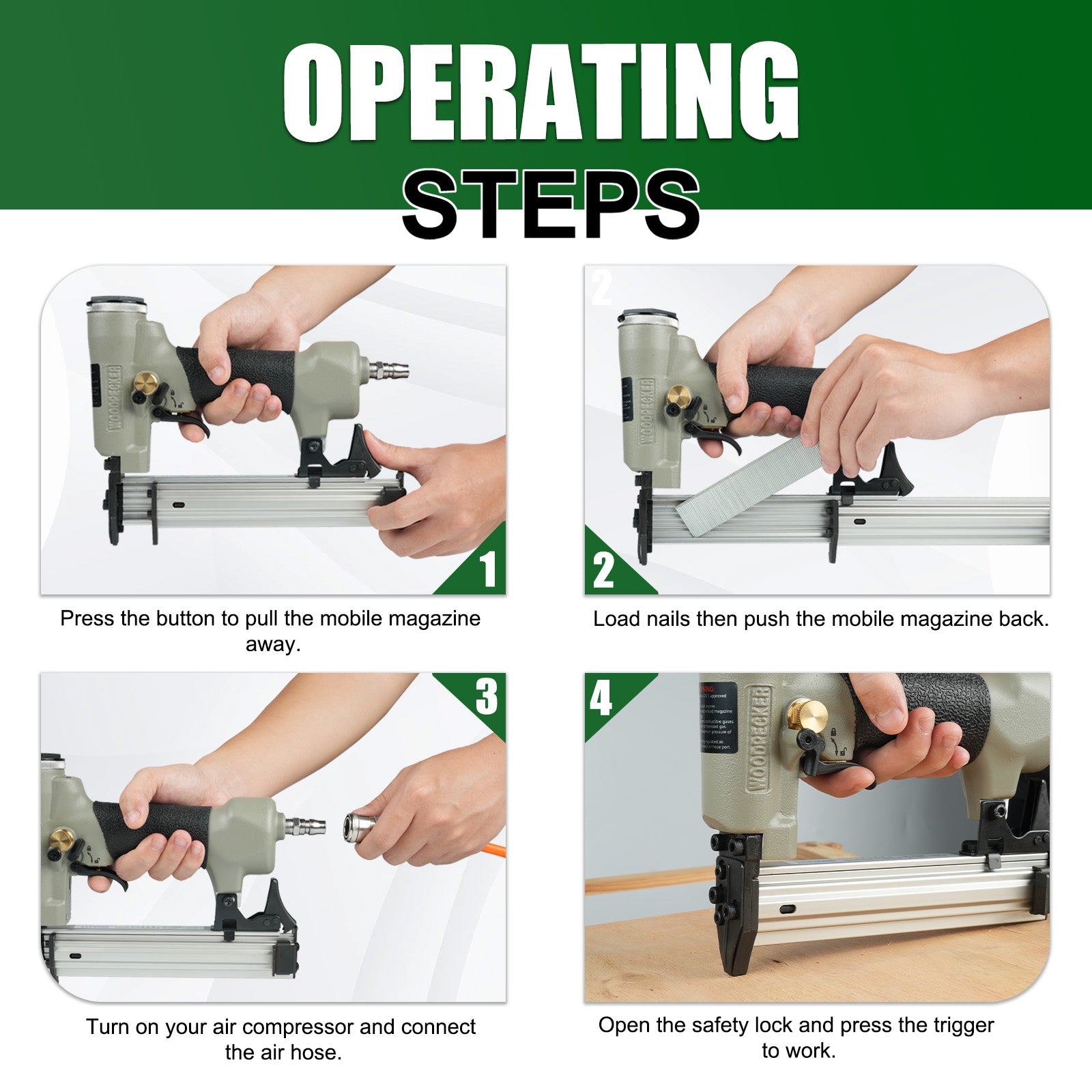 Woodpecker F30S Pneumatic Brad Nailer, 18 Gauge, 3/8-inch to 1-3/16-Inch (10mm-30mm)