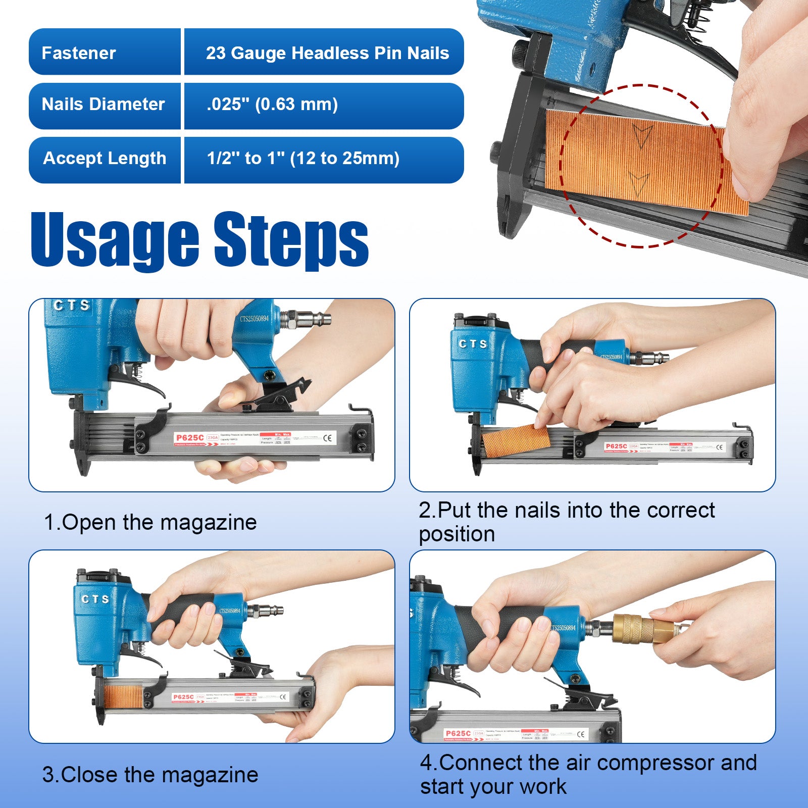 CTS P625C Pneumatic Headless Pin Nailer, 23 Gauge, 1/2-Inch to 1-Inch (12 to 25mm)