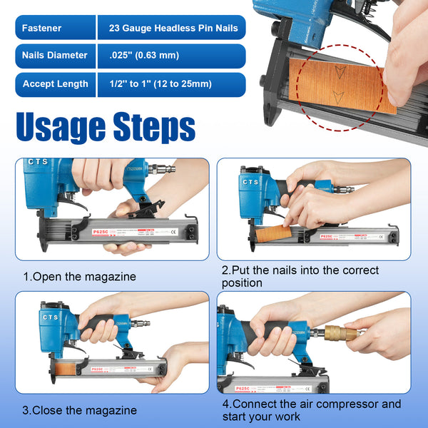 CTS P625C Pneumatic Headless Pin Nailer, 23 Gauge, 1/2-Inch to 1-Inch (12 to 25mm)