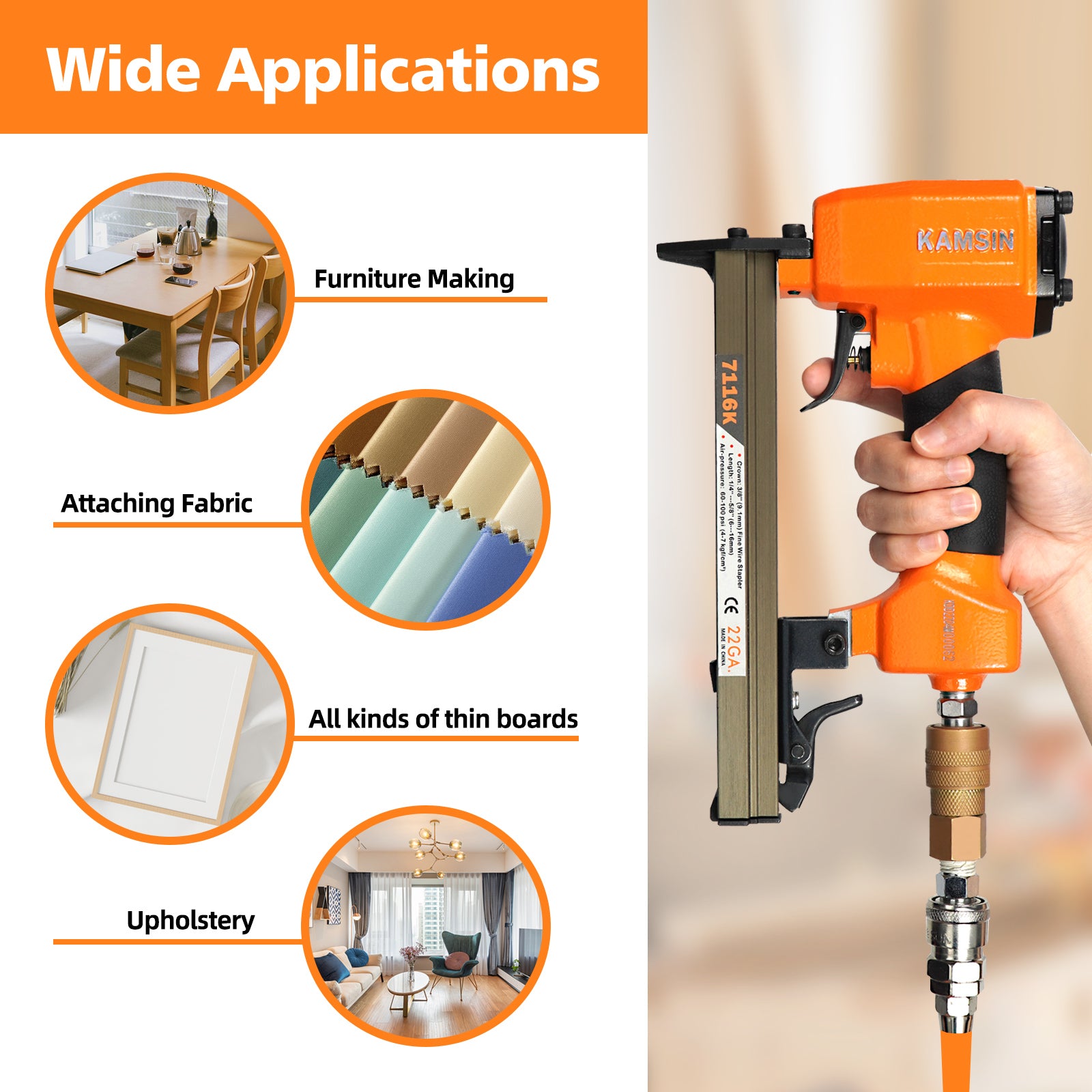 KAMSIN 7116K Pneumatic Upholstery Stapler,22 Guage Type 71 ,3/8-Inch Crown