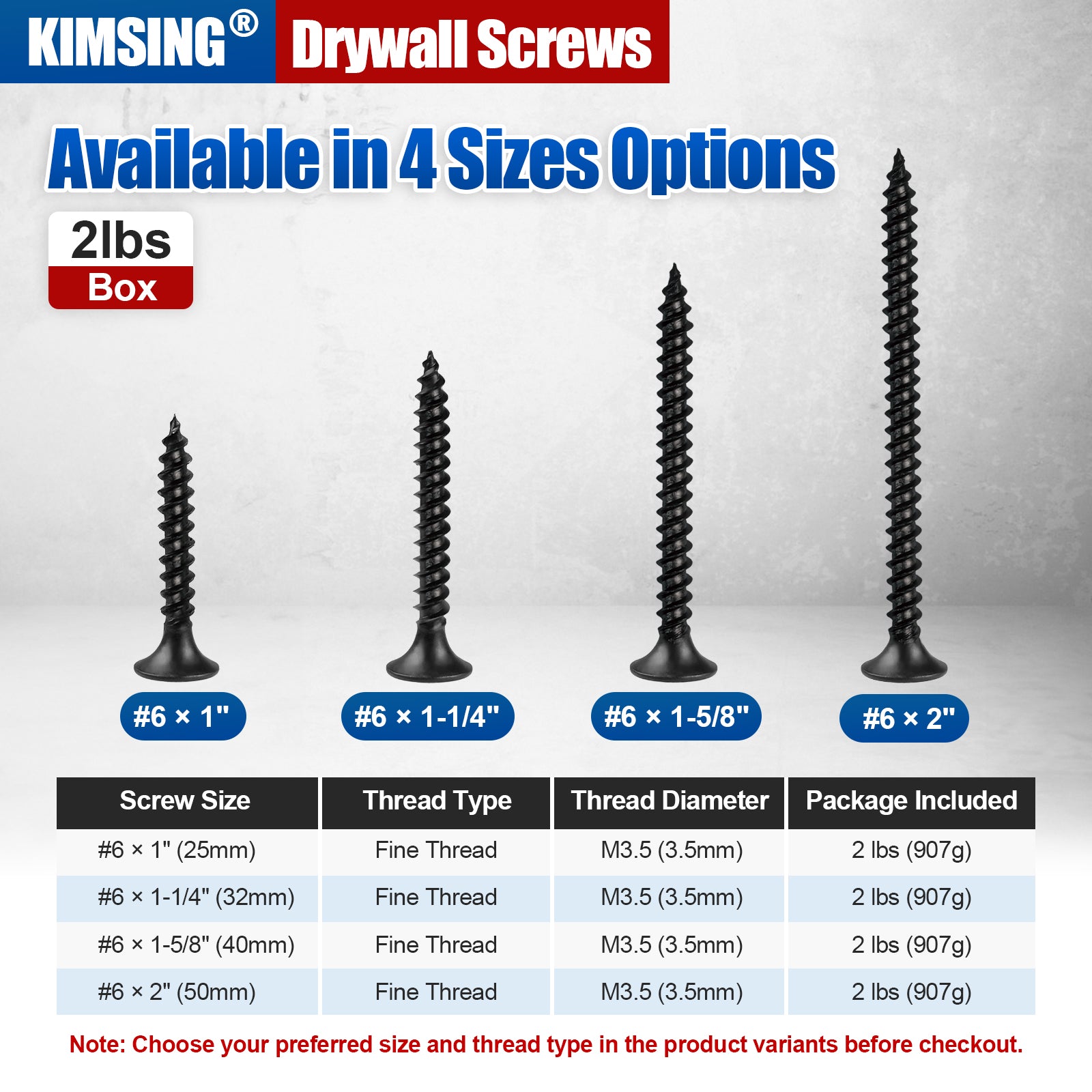 KIMSING Drywall Screws 2lb/Box, #6 Fine Thread Philips Drive #2 Bugle Head Wood Screws with Black Phosphate Finish M3.5 Sharp Point Screws
