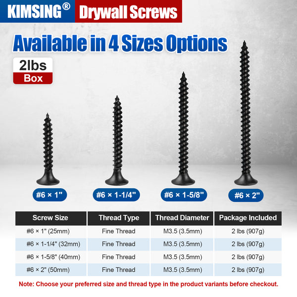 KIMSING Drywall Screws 2lb/Box, #6 Fine Thread Philips Drive #2 Bugle Head Wood Screws with Black Phosphate Finish M3.5 Sharp Point Screws
