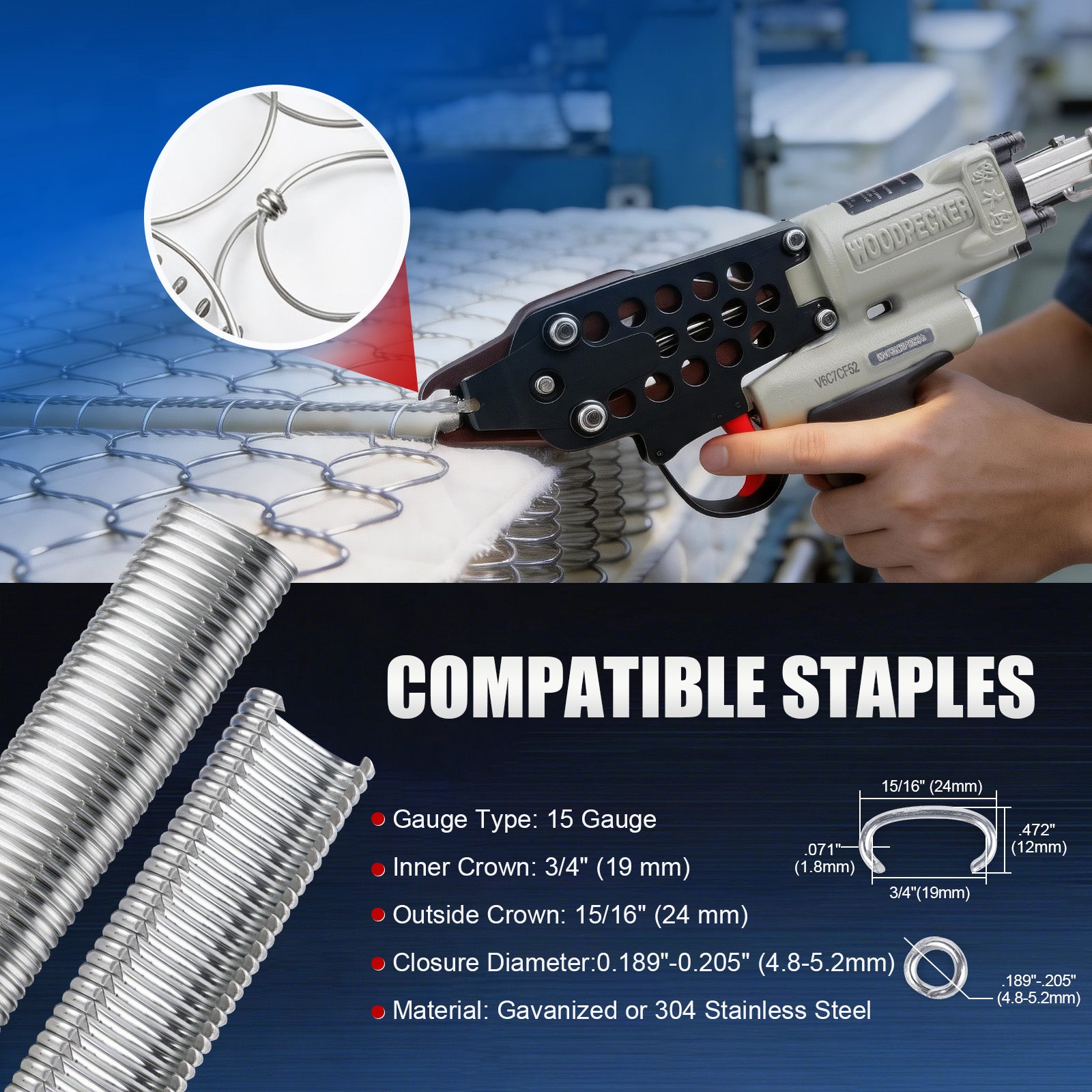 WOODPECKER V6C7CF52 15 Gauge 3/4-Inch Pneumatic Hog Ring Gun 5.2-5.8mm Closure Diameter with Stainless Steel Magazine