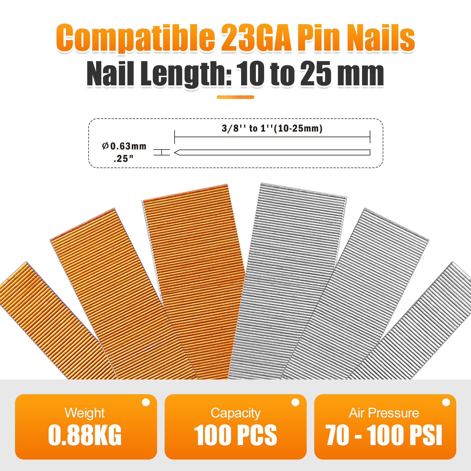 KAMSIN P625 Pneumatic Headless Pin Nailer, 23 Gauge, 1/2-Inch to 1-Inch (12 to 25mm)