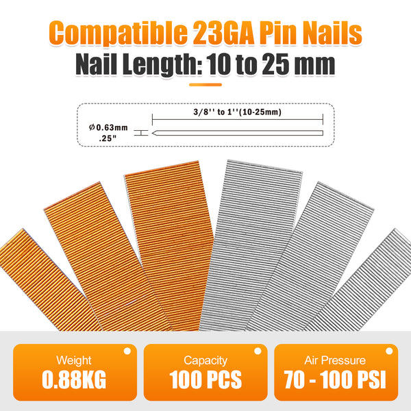 KAMSIN P625 Pneumatic Headless Pin Nailer, 23 Gauge, 1/2-Inch to 1-Inch (12 to 25mm)