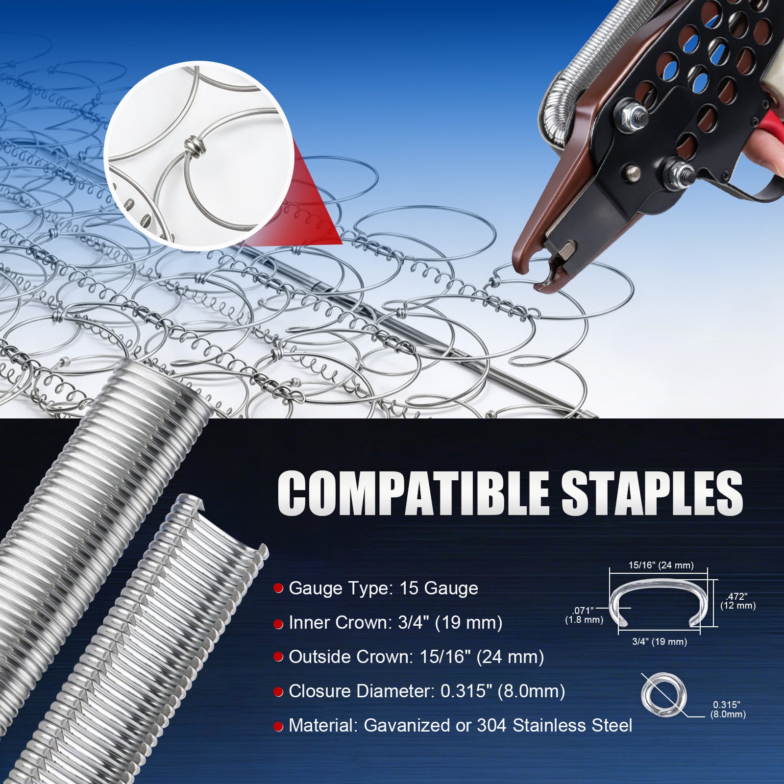 WOODPECKER V6C7EFA 15 Gauge 3/4-Inch Pneumatic Hog Ring Gun 7.5-8.3mm Closure Diameter with Stainless Steel Magazine