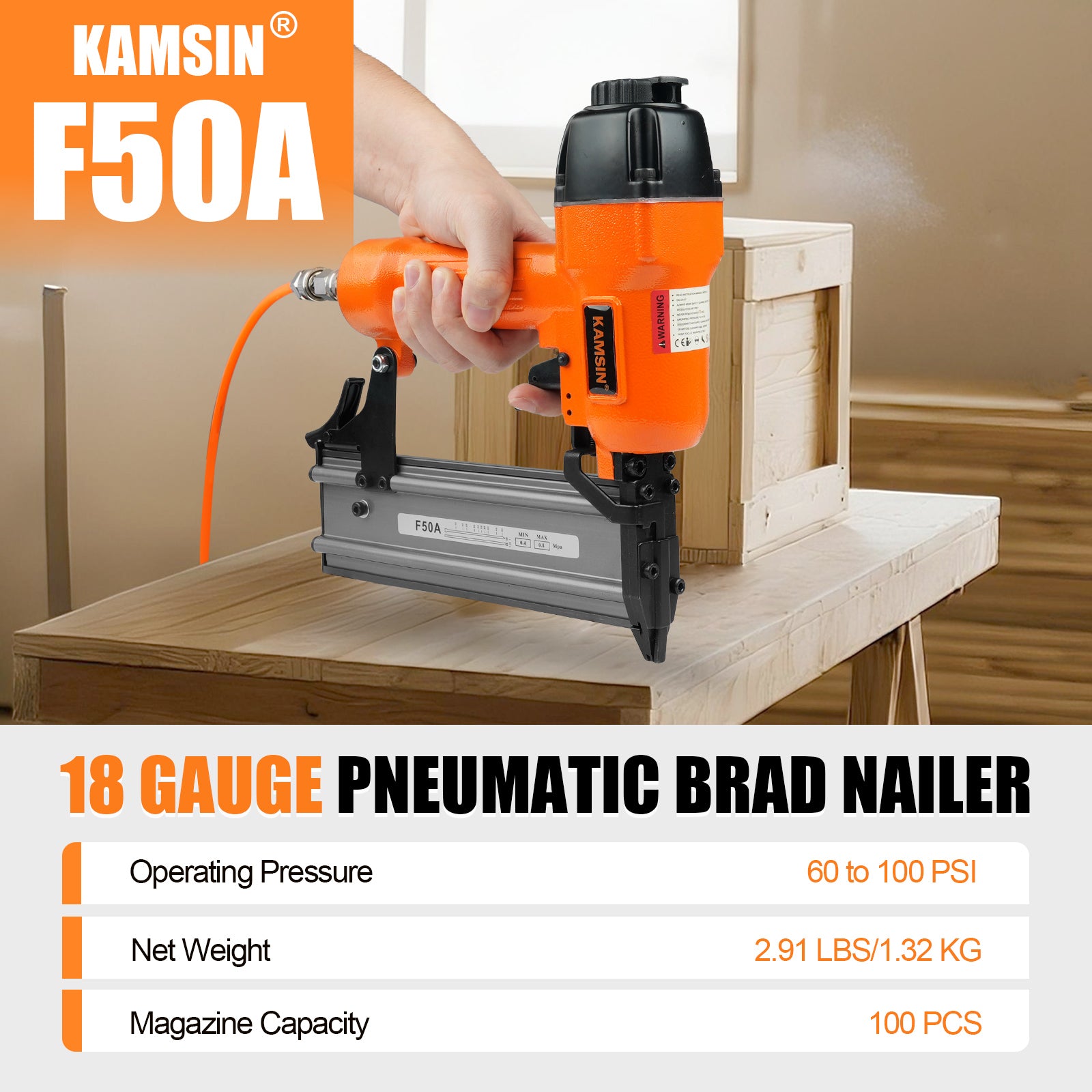 KAMSIN F50A Pneumatic Brad Nailer, 18 Gauge, 3/8-Inch to 2-Inch  (10mm-50mm)