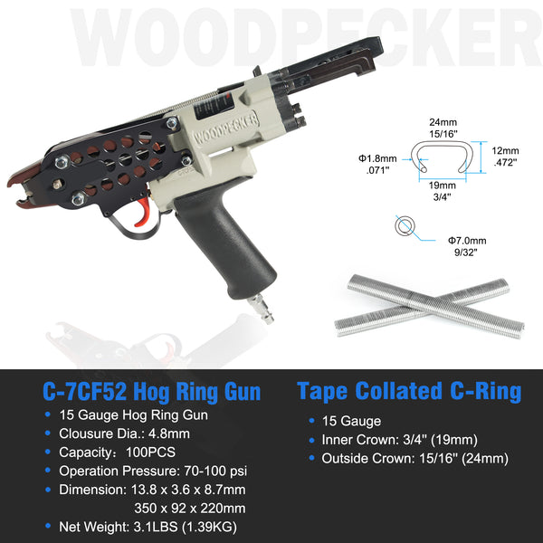 WOODPECKER C-7CF52 15 Gauge Pneumatic Hog Ring Gun, Standard Nose, 4.8mm Closure Diameter, 3/4-Inch Crown Hog Ring Staples
