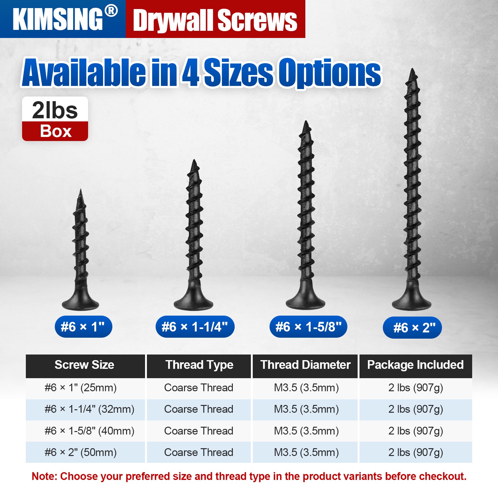 KIMSING Drywall Screws 2lb/Box, #6 Coarse Thread Philips Drive #2 Bugle Head Wood Screws with Black Phosphate Finish M3.5 Sharp Point Screws
