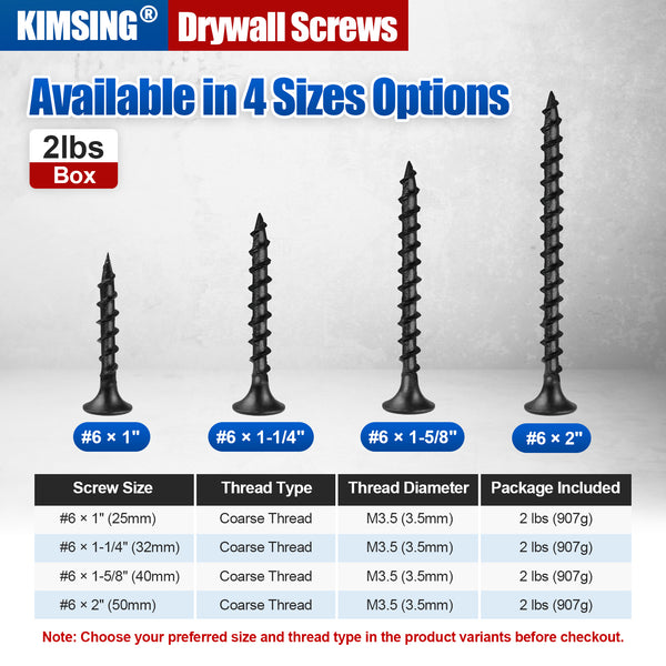 KIMSING Drywall Screws 2lb/Box, #6 Coarse Thread Philips Drive #2 Bugle Head Wood Screws with Black Phosphate Finish M3.5 Sharp Point Screws