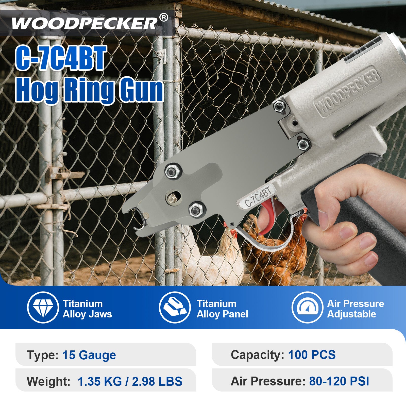 Woodpecker C-7C4BT 15 Gauge Professional Pneumatic Hog Ring Gun, 3/4-Inch 4.8mm Closure Diameter, C ring piler, C Ring Tool Hog Ring Plier, C ring gun for Mattress, Fencing, Cages