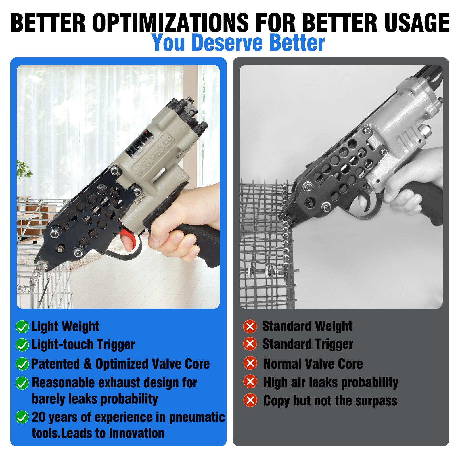 WOODPECKER C-760FA 16 Guage Pneumatic Hog Ring Gun, Standard 3.0mm Closure Diameter, 1/2-Inch Crown Hog Ring Staples