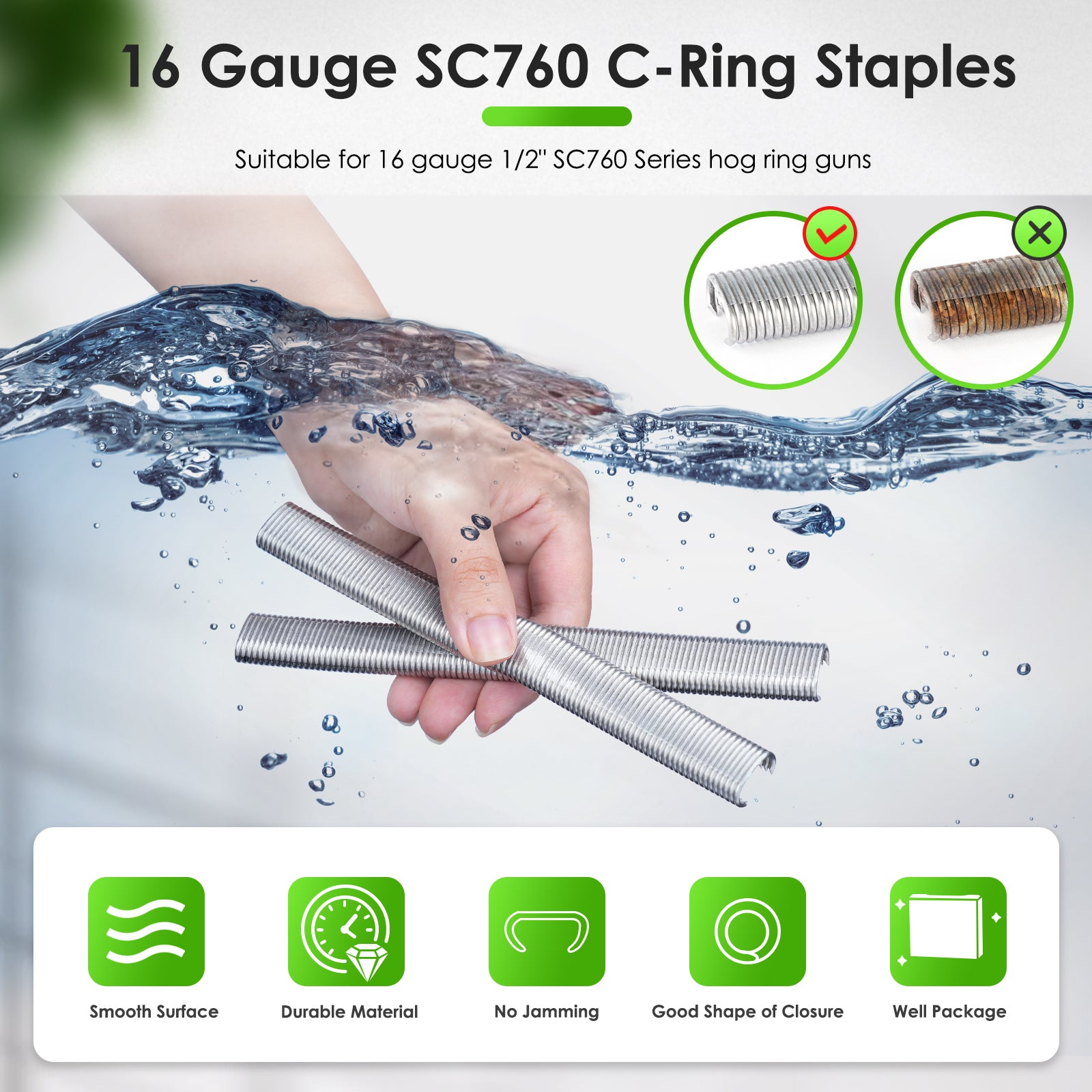 China-top Silver SC760 16 Gauge 5/8'' Crown C Ring Staples C-Rings Hog Rings in 304 Stainless Steel & Galvanized Steel, Wire Fencing Staples, Fasteners for Hog Ring Tool, C Ring Plier, 1000 PCS/Pack & 18000PCS/Box