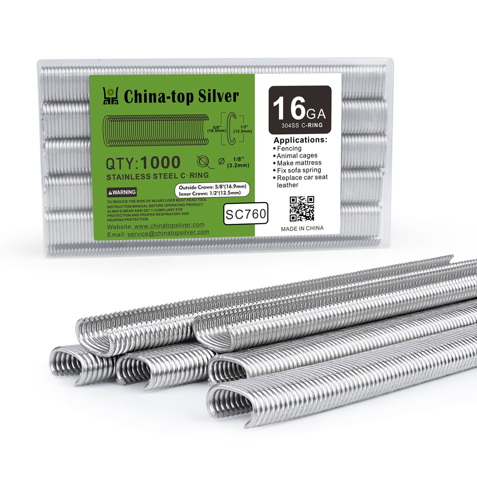 China-top Silver SC760 16 Gauge 5/8'' Crown C Ring Staples C-Rings Hog Rings in 304 Stainless Steel & Galvanized Steel, Wire Fencing Staples, Fasteners for Hog Ring Tool, C Ring Plier, 1000 PCS/Pack & 18000PCS/Box