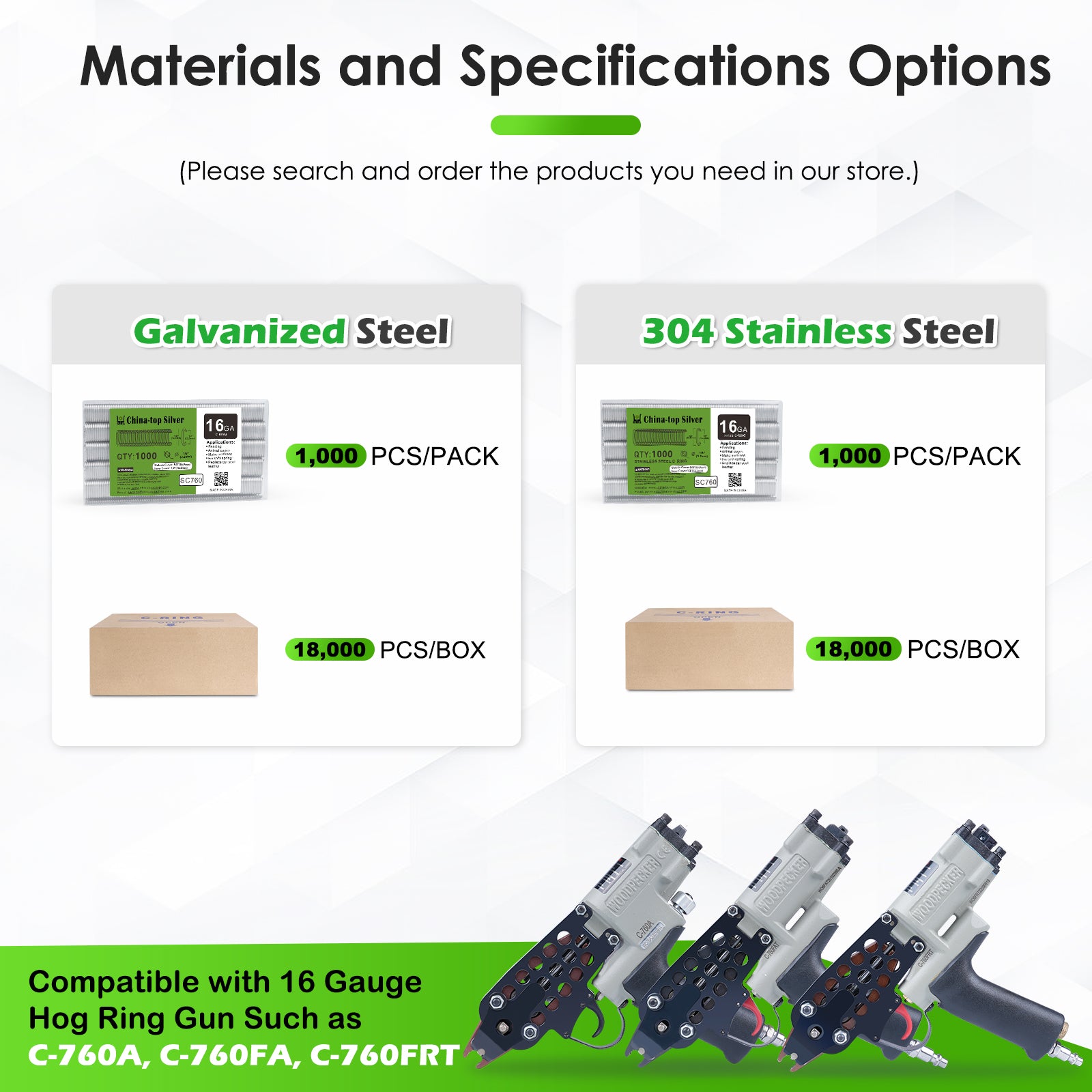 China-top Silver SC760 16 Gauge 5/8'' Crown C Ring Staples C-Rings Hog Rings in 304 Stainless Steel & Galvanized Steel, Wire Fencing Staples, Fasteners for Hog Ring Tool, C Ring Plier, 1000 PCS/Pack & 18000PCS/Box