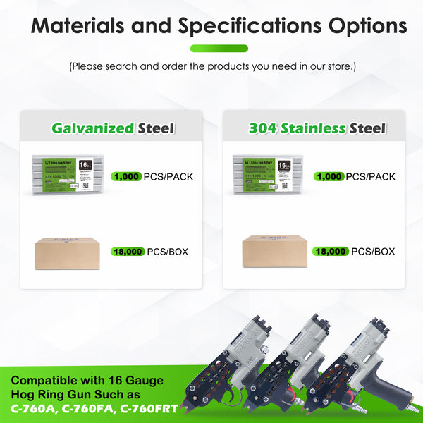 China-top Silver SC760 16 Gauge 5/8'' Crown C Ring Staples C-Rings Hog Rings in 304 Stainless Steel & Galvanized Steel, Wire Fencing Staples, Fasteners for Hog Ring Tool, C Ring Plier, 1000 PCS/Pack & 18000PCS/Box