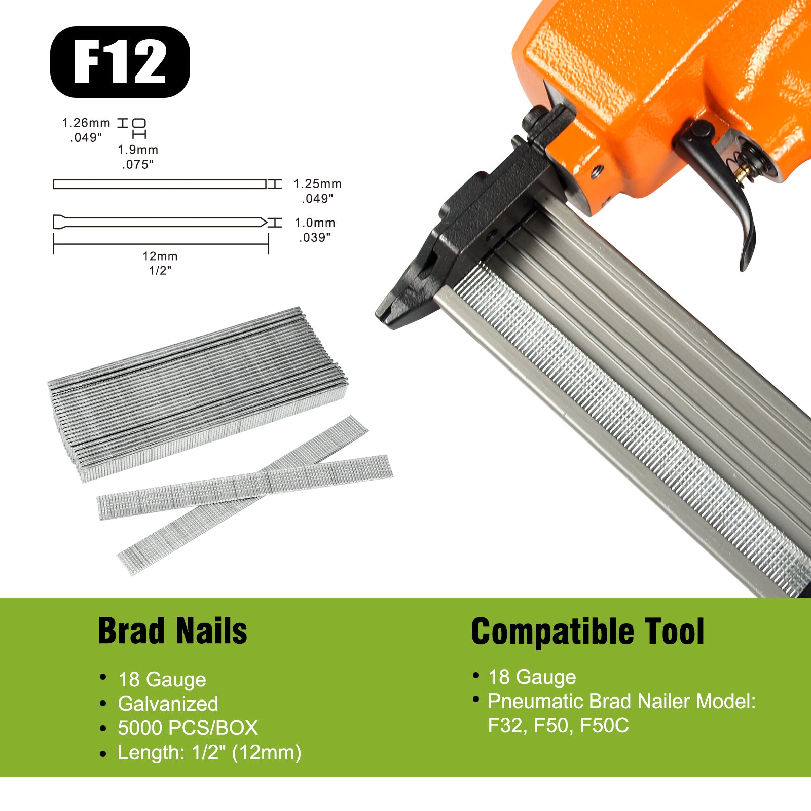 KIMSING 18 Gauge 1/2-inch (12mm) Brad Nails 5,000 PCS/ Box