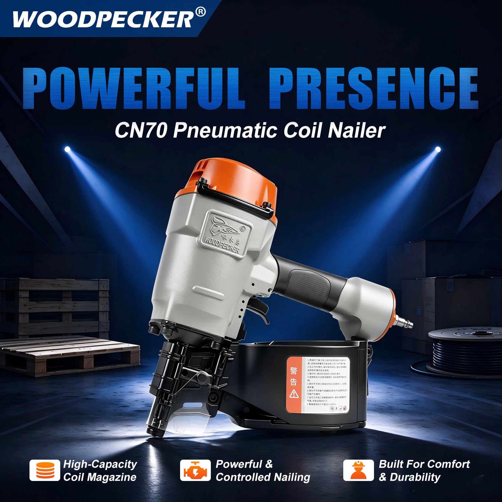 WOODPECKER CN70 Coil Nailer, Pneumatic Coil Nail Gun for 45-70 mm Nails, 300 Nail Capacity, Adjustable Nail Plate, Contact-Activated Safety, for Woodworking, Pallets & Crates