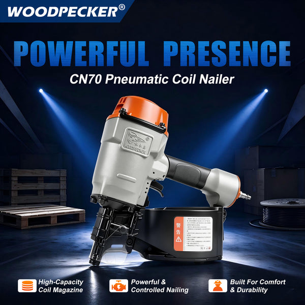 WOODPECKER CN70 Coil Nailer, Pneumatic Coil Nail Gun for 45-70 mm Nails, 300 Nail Capacity, Adjustable Nail Plate, Contact-Activated Safety, for Woodworking, Pallets & Crates