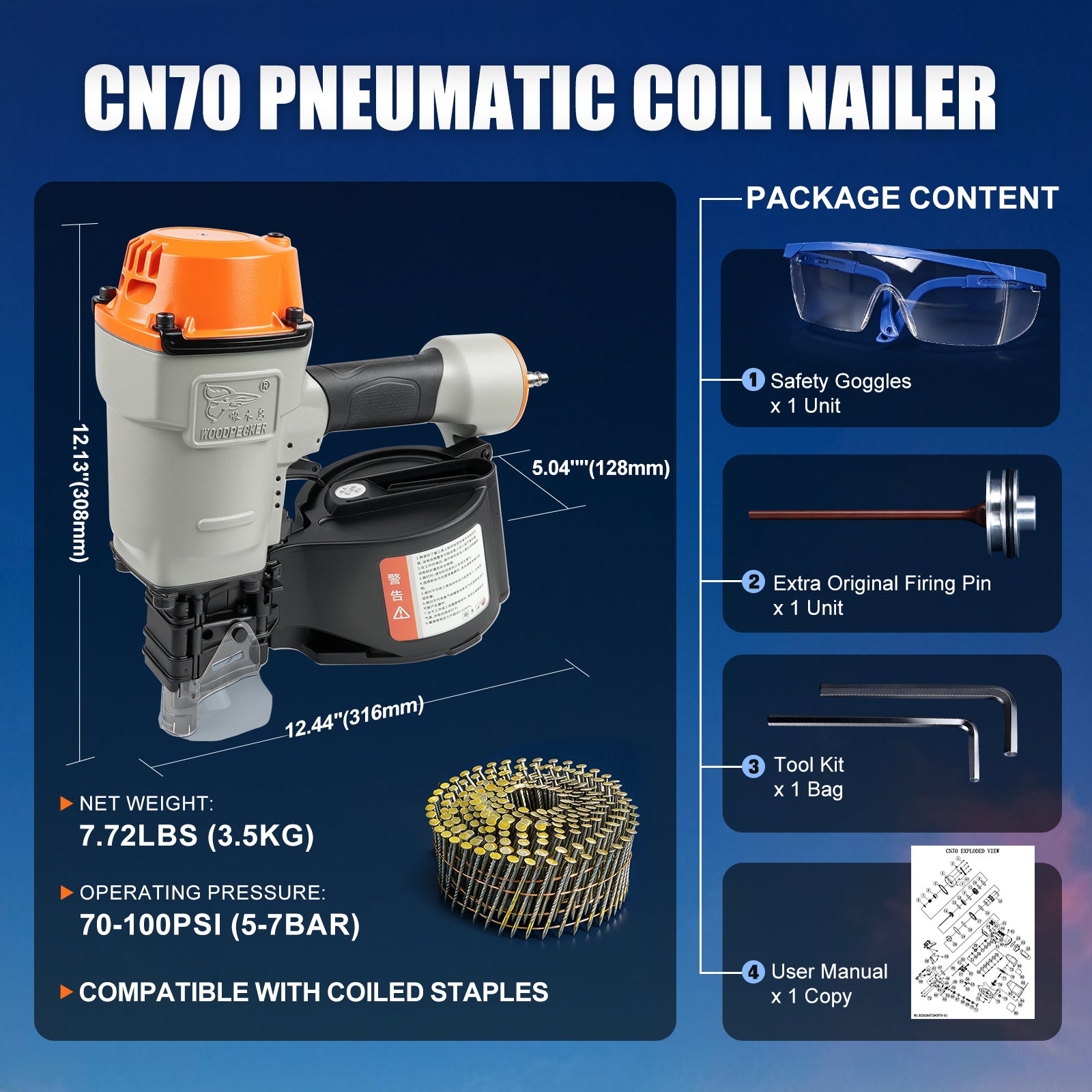 WOODPECKER CN70 Coil Nailer, Pneumatic Coil Nail Gun for 45-70 mm Nails, 300 Nail Capacity, Adjustable Nail Plate, Contact-Activated Safety, for Woodworking, Pallets & Crates