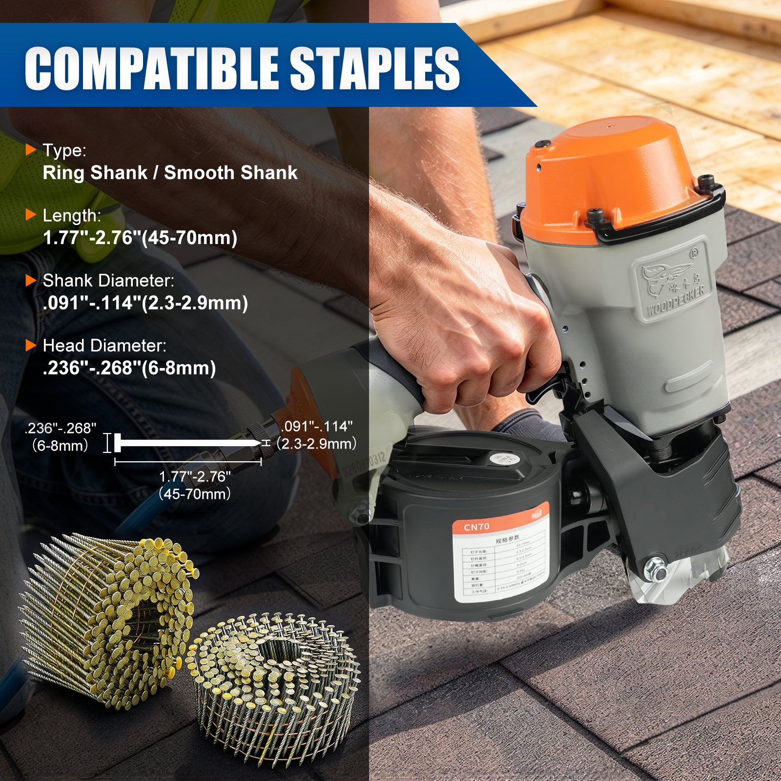 WOODPECKER CN70 Coil Nailer, Pneumatic Coil Nail Gun for 45-70 mm Nails, 300 Nail Capacity, Adjustable Nail Plate, Contact-Activated Safety, for Woodworking, Pallets & Crates