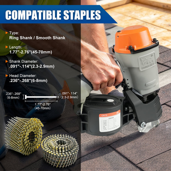 WOODPECKER CN70 Coil Nailer, Pneumatic Coil Nail Gun for 45-70 mm Nails, 300 Nail Capacity, Adjustable Nail Plate, Contact-Activated Safety, for Woodworking, Pallets & Crates