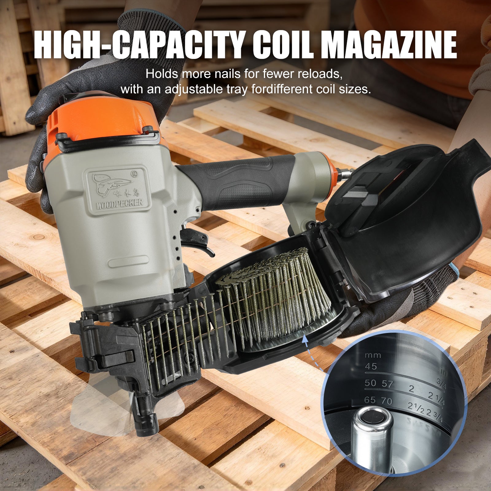 WOODPECKER CN70 Coil Nailer, Pneumatic Coil Nail Gun for 45-70 mm Nails, 300 Nail Capacity, Adjustable Nail Plate, Contact-Activated Safety, for Woodworking, Pallets & Crates