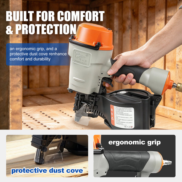 WOODPECKER CN70 Coil Nailer, Pneumatic Coil Nail Gun for 45-70 mm Nails, 300 Nail Capacity, Adjustable Nail Plate, Contact-Activated Safety, for Woodworking, Pallets & Crates