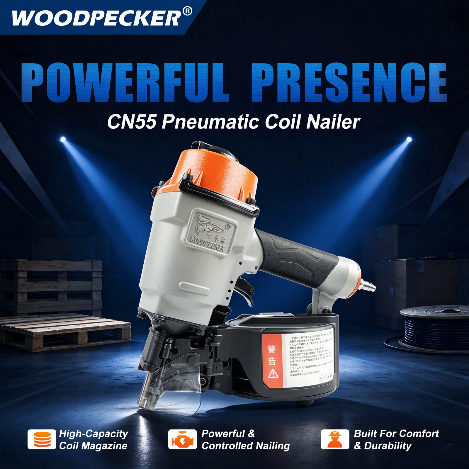 WOODPECKER CN55 Coil Nailer, Pneumatic Coil Nail Gun for 25–57 mm Nails, 400 Nail Capacity, Adjustable Nail Plate, 360-Degree Air Exhaust, Contact-Activated Safety, for Woodworking, Pallets & Crates