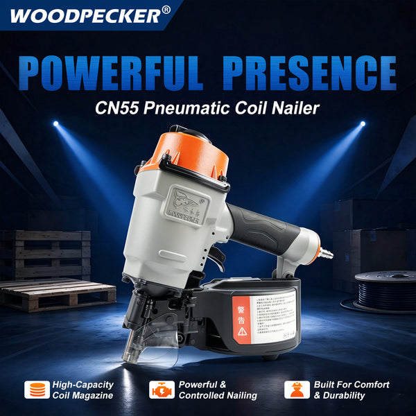 WOODPECKER CN55 Coil Nailer, Pneumatic Coil Nail Gun for 25–57 mm Nails, 400 Nail Capacity, Adjustable Nail Plate, 360-Degree Air Exhaust, Contact-Activated Safety, for Woodworking, Pallets & Crates