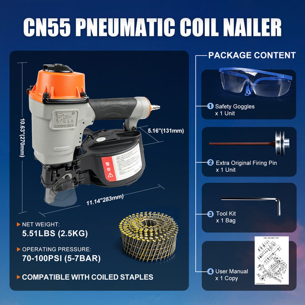 WOODPECKER CN55 Coil Nailer, Pneumatic Coil Nail Gun for 25–57 mm Nails, 400 Nail Capacity, Adjustable Nail Plate, 360-Degree Air Exhaust, Contact-Activated Safety, for Woodworking, Pallets & Crates