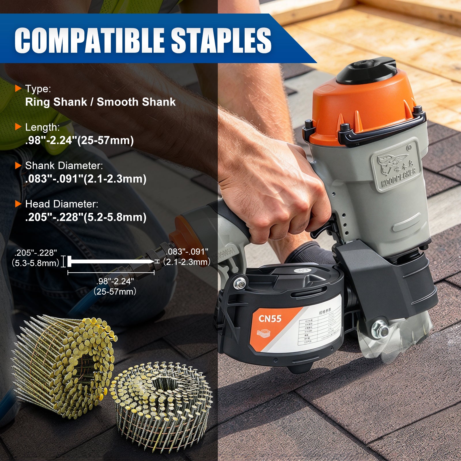 WOODPECKER CN55 Coil Nailer, Pneumatic Coil Nail Gun for 25–57 mm Nails, 400 Nail Capacity, Adjustable Nail Plate, 360-Degree Air Exhaust, Contact-Activated Safety, for Woodworking, Pallets & Crates