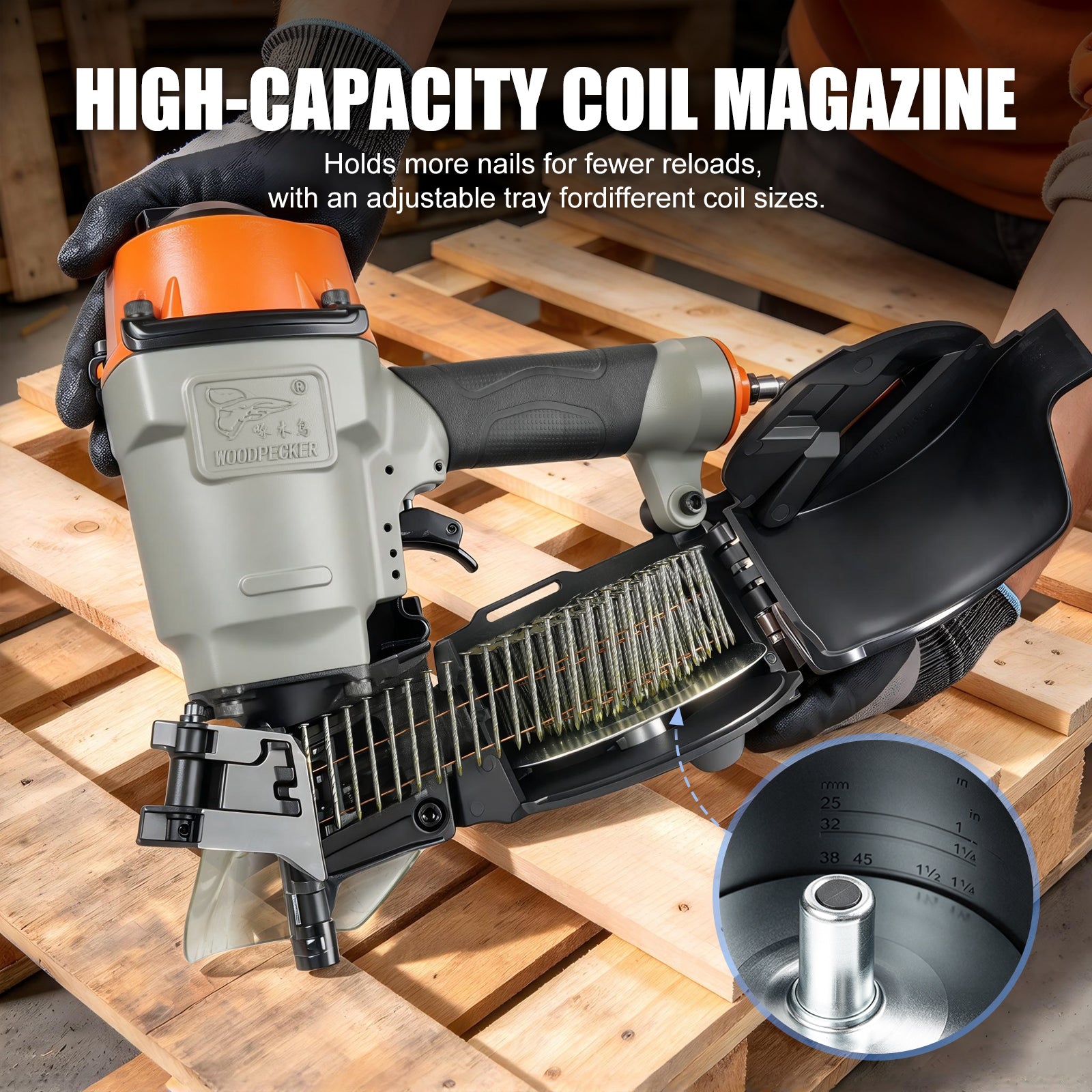 WOODPECKER CN55 Coil Nailer, Pneumatic Coil Nail Gun for 25–57 mm Nails, 400 Nail Capacity, Adjustable Nail Plate, 360-Degree Air Exhaust, Contact-Activated Safety, for Woodworking, Pallets & Crates