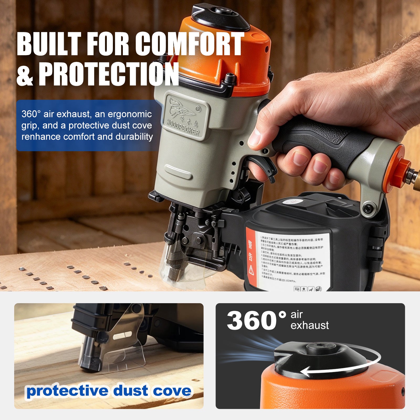 WOODPECKER CN55 Coil Nailer, Pneumatic Coil Nail Gun for 25–57 mm Nails, 400 Nail Capacity, Adjustable Nail Plate, 360-Degree Air Exhaust, Contact-Activated Safety, for Woodworking, Pallets & Crates