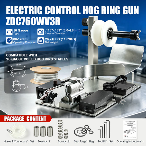 WOODPECKER ZDC760WV3R electrically controlled foot-operated automatic Hog Ring Gun, 16 Gauge 1/2-Inch, Suitable for SC760 coiled C-type nails