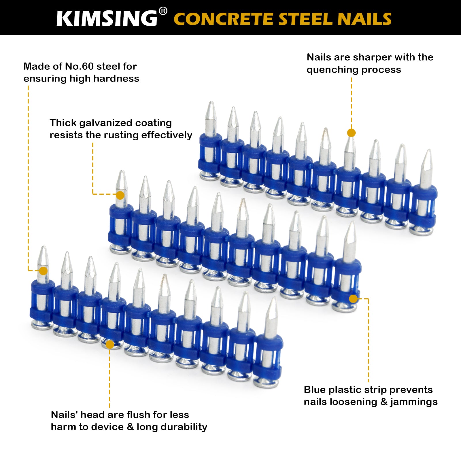 KIMSING MTSD-22 12 Gauge 7/8 Inch X .109 Inch Smooth Shank Plastic Collated Concrete and Steel Drive Pin Mechanical Galvanized for Gas Power Concrete and Steel Nailer 1000 PCS/Box