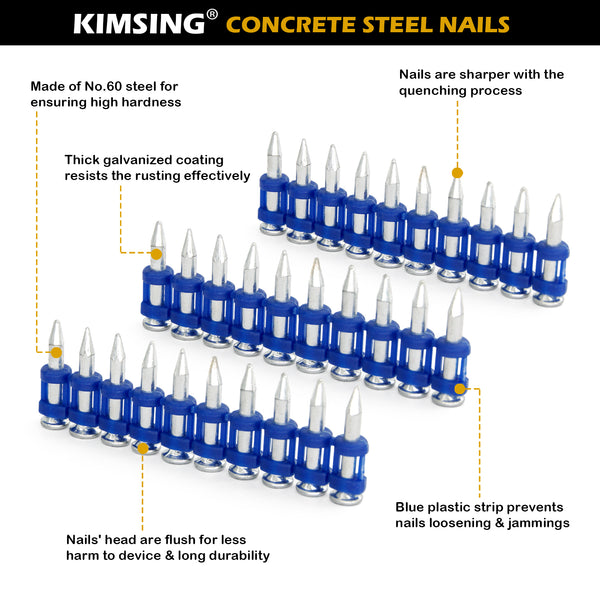 KIMSING MTSD-22 12 Gauge 7/8 Inch X .109 Inch Smooth Shank Plastic Collated Concrete and Steel Drive Pin Mechanical Galvanized for Gas Power Concrete and Steel Nailer 1000 PCS/Box