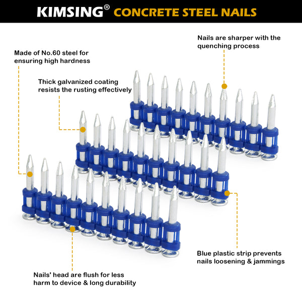 KIMSING MTSD-25 12 Gauge 1 Inch X .109 Inch Smooth Shank Plastic Collated Concrete and Steel Drive Pin Mechanical Galvanized for Gas Power Concrete and Steel Nailer 1000 PCS/Box