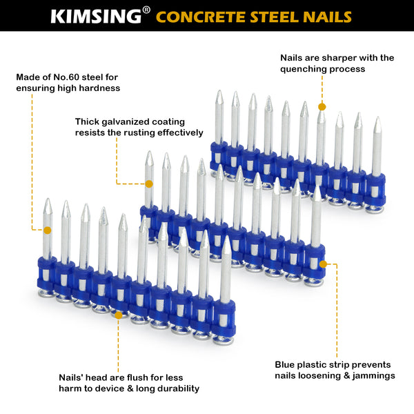 KIMSING MTSD-32 12 Gauge 1 1/4 Inch X .109 Inch Smooth Shank Plastic Collated Concrete and Steel Drive Pin Mechanical Galvanized for Gas Power Concrete and Steel Nailer 1000 PCS/Box