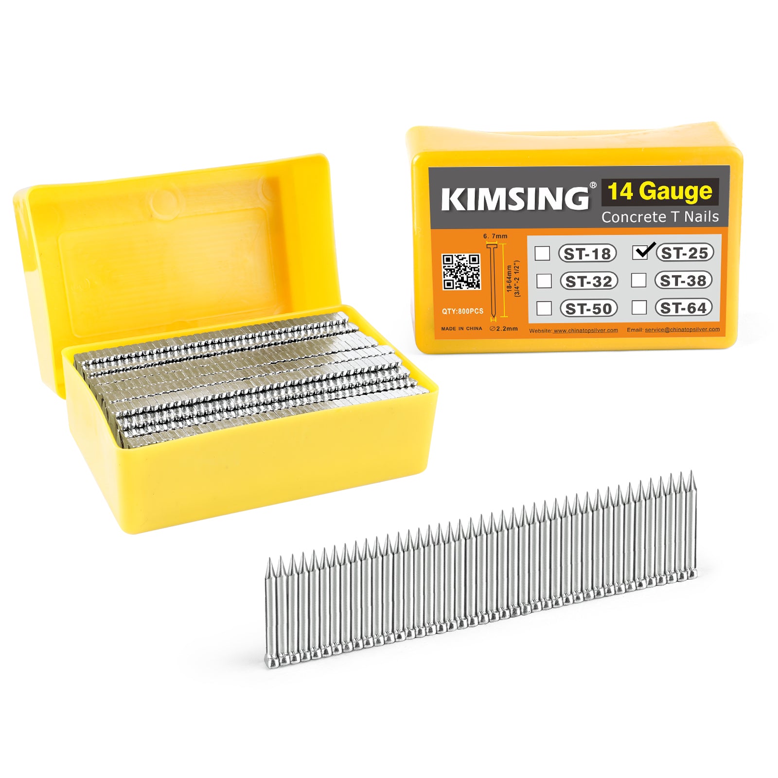 KIMSING 14 Gauge 3/4 inch - 2-1/2 inch (18mm-64mm) Length Concrete Nails 800 PCS/BOX, Concrete T-Nails for Concrete Nailers Smooth Shank