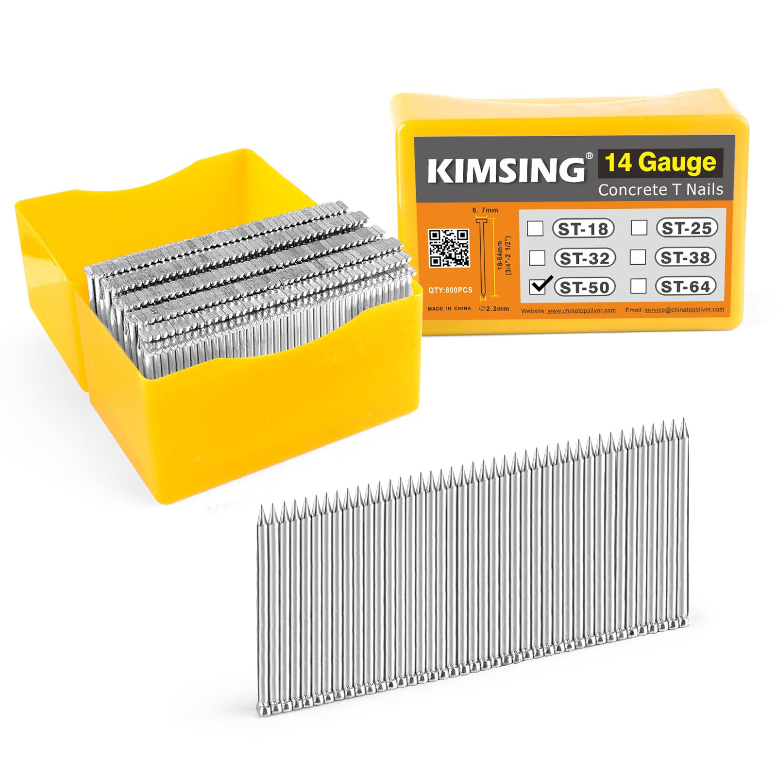 KIMSING 14 Gauge 3/4 inch - 2-1/2 inch (18mm-64mm) Length Concrete Nails 800 PCS/BOX, Concrete T-Nails for Concrete Nailers Smooth Shank