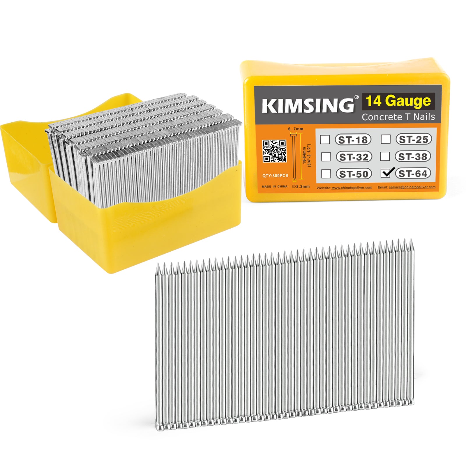KIMSING 14 Gauge 3/4 inch - 2-1/2 inch (18mm-64mm) Length Concrete Nails 800 PCS/BOX, Concrete T-Nails for Concrete Nailers Smooth Shank