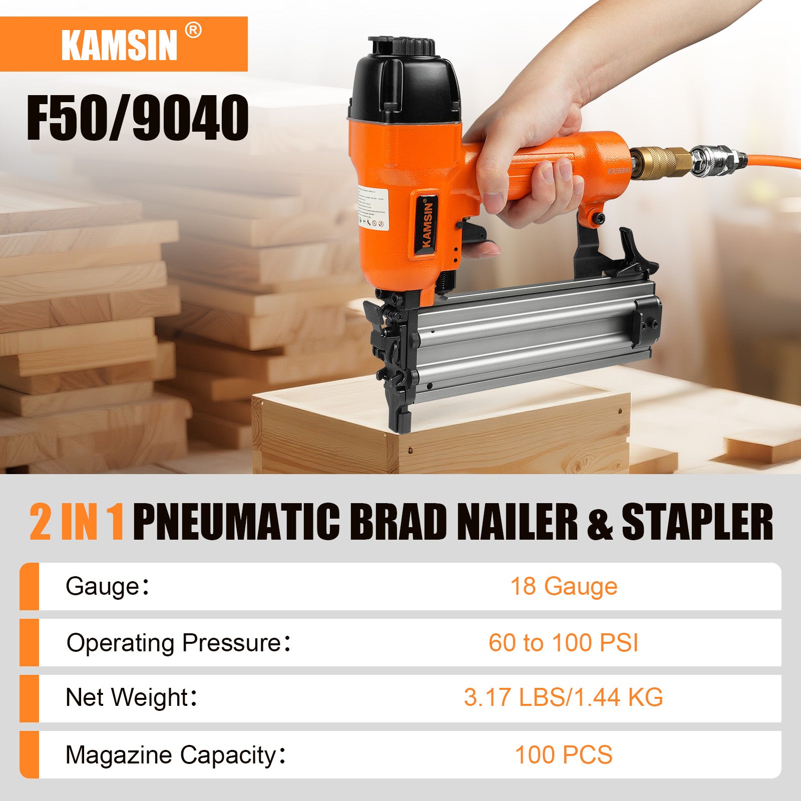 KAMSIN F50/9040 2 in 1  Pneumatic Brad Nailer, 18 Gauge, 3/8-Inch to 2-Inch  (10mm-50mm)