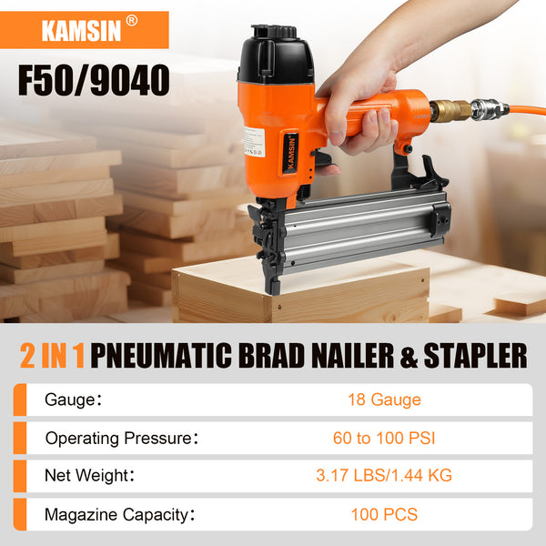 KAMSIN F50/9040 2 in 1  Pneumatic Brad Nailer, 18 Gauge, 3/8-Inch to 2-Inch  (10mm-50mm)