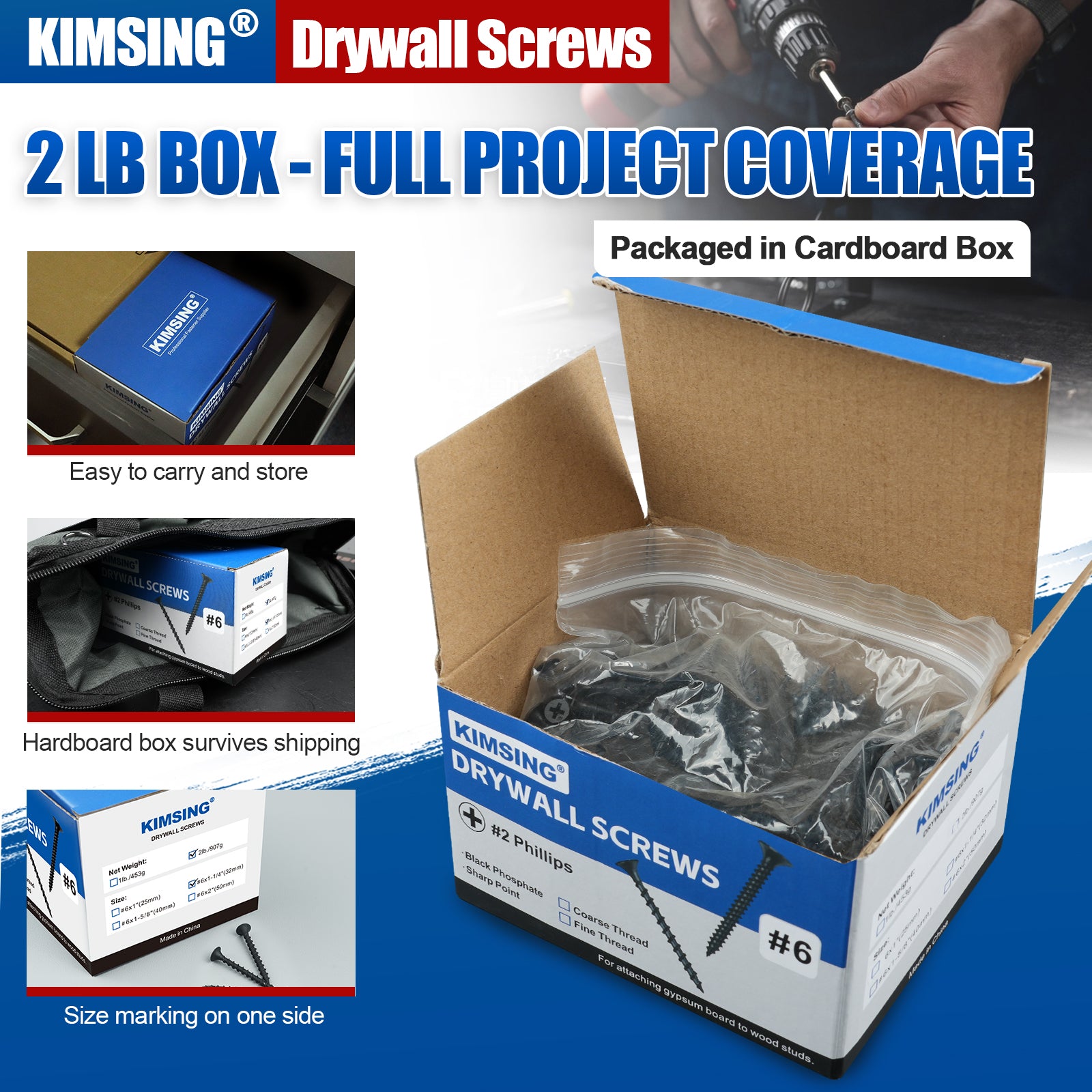 KIMSING Drywall Screws 2lb/Box, #6 Fine Thread Philips Drive #2 Bugle Head Wood Screws with Black Phosphate Finish M3.5 Sharp Point Screws